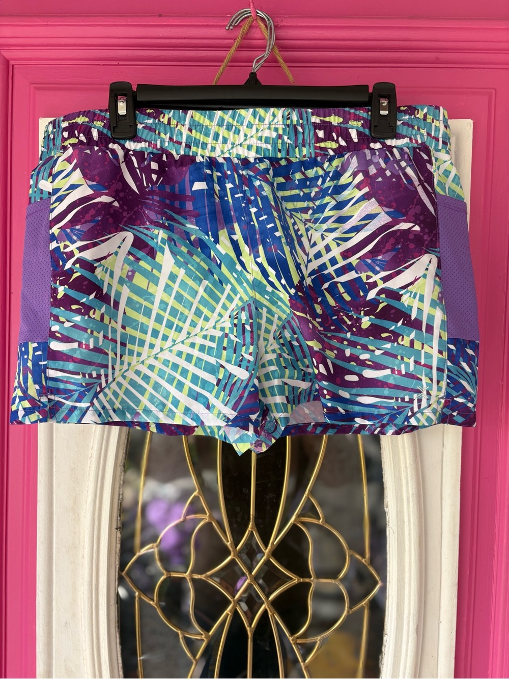 Purple Tropical Print Athletic Shorts